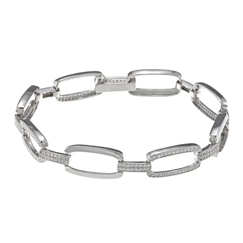 Sterling Silver Silver and Micro Pave Open Ovals Link Bracelet