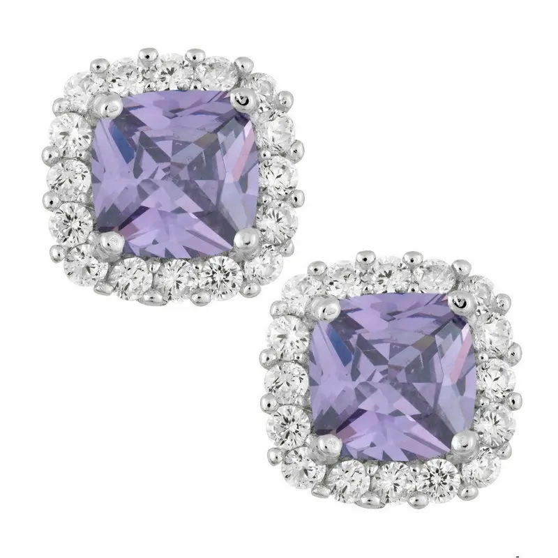 Sterling Silver, Square CZ Studs - Purple