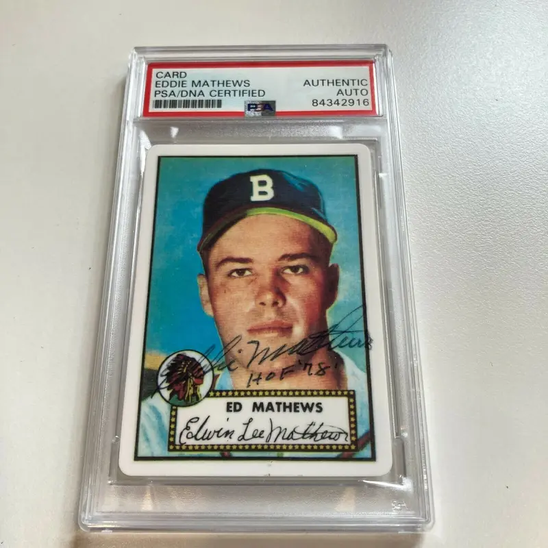 1952 Topps Eddie Mathews RC "HOF '78" Signed Porcelain Baseball Card PSA DNA