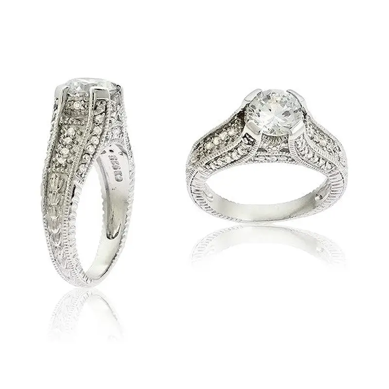 Sterling Silver Center Clear Circle CZ w/ Small Surrounding CZ Engagement Ring