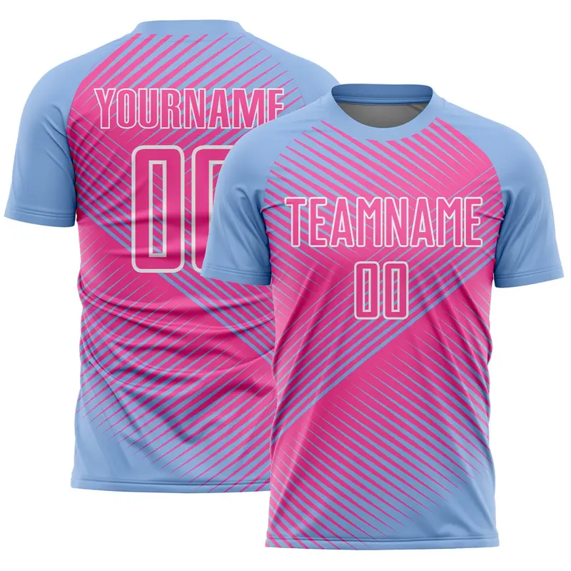 Custom Light Blue Pink-White Line Sublimation Soccer Uniform Jersey