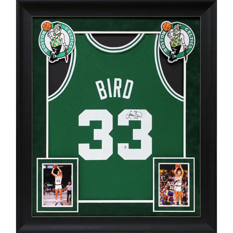 Celtics Larry Bird Signed 1985 Green M&N HWC Swingman Framed Jersey BAS Witness