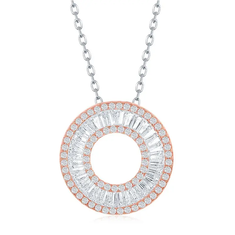 Sterling Silver Baguette CZ Open Circle Necklace - Rose Gold Plated