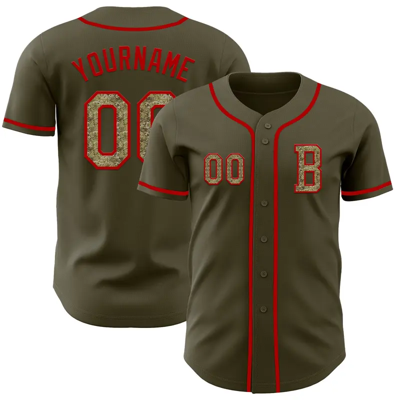 Custom Olive Camo-Red Authentic Salute To Service Baseball Jersey
