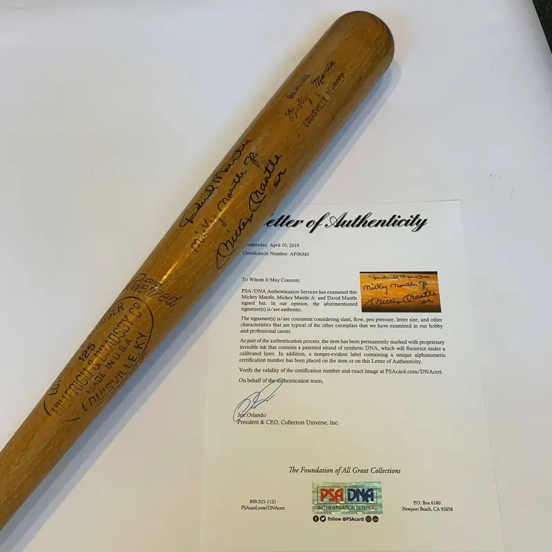 Incredible Mickey Mantle With Sons David & Mickey Jr Signed Bat PSA DNA COA
