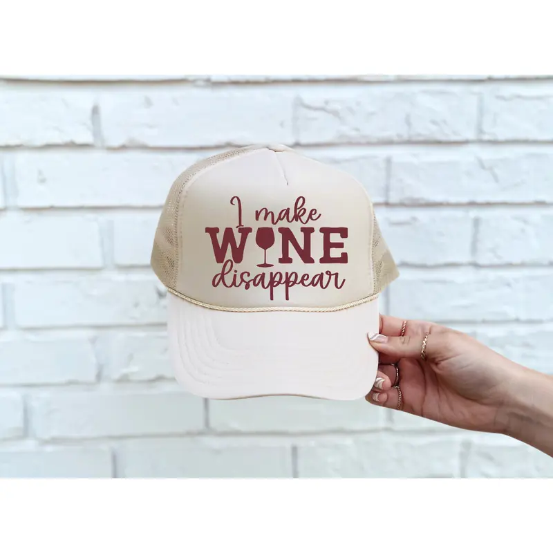 Make Wine Disappear DTF Printed Tan Trucker Hat
