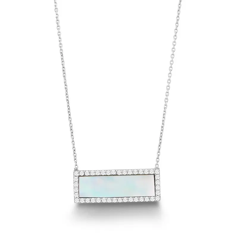 Sterling Silver, Rectangular MOP, CZ Border Necklace