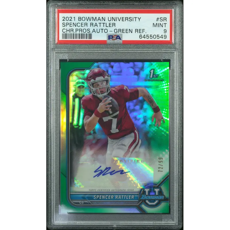 Spencer Rattler 2021 Bowman University Green Refractor Auto #72/99 PSA 9 Mint