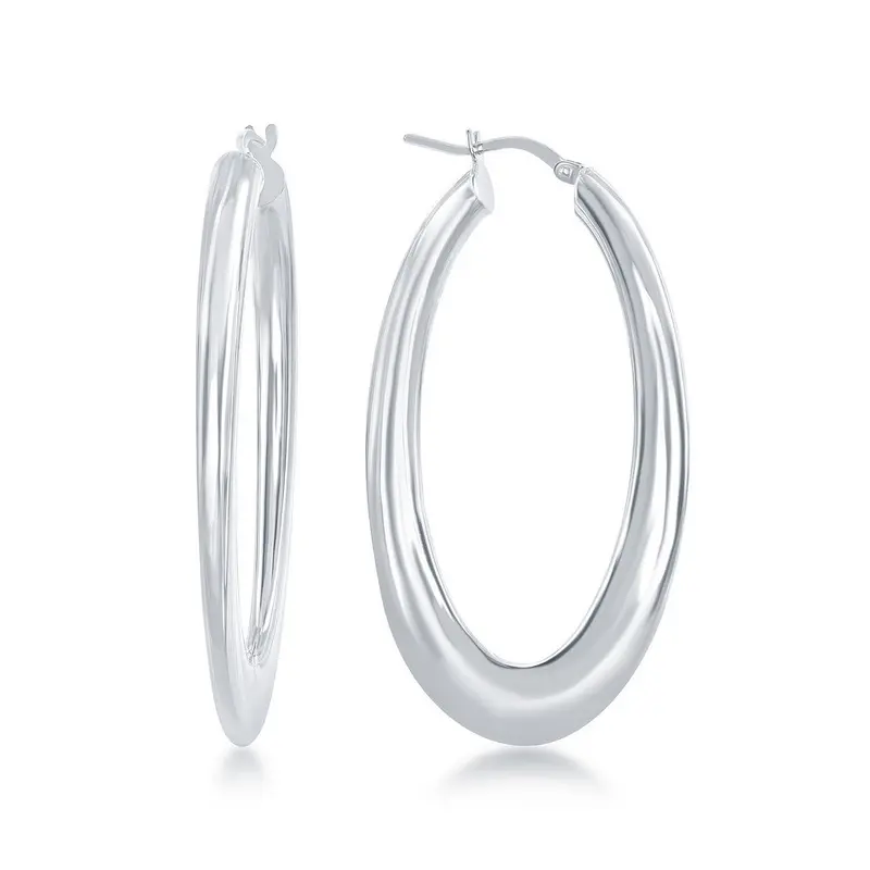 Sterling Silver, Bottom Flat Oval Hoop Earrings - Rhodium Plated