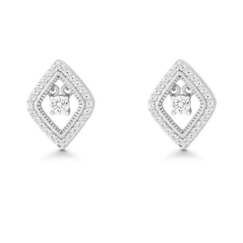 Sterling Silver Micro Pave with Center Dancing/Shimmering CZ Diamond Shaped Earrings