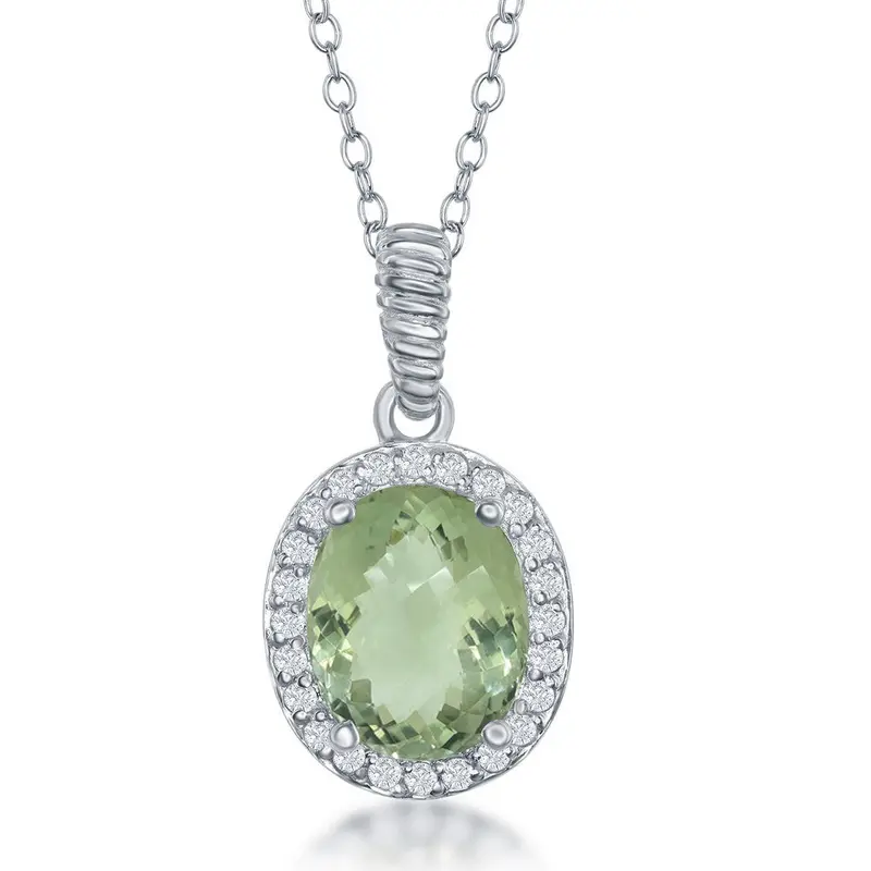 Sterling Silver Oval Green Amethyst with White Topaz Border Necklace