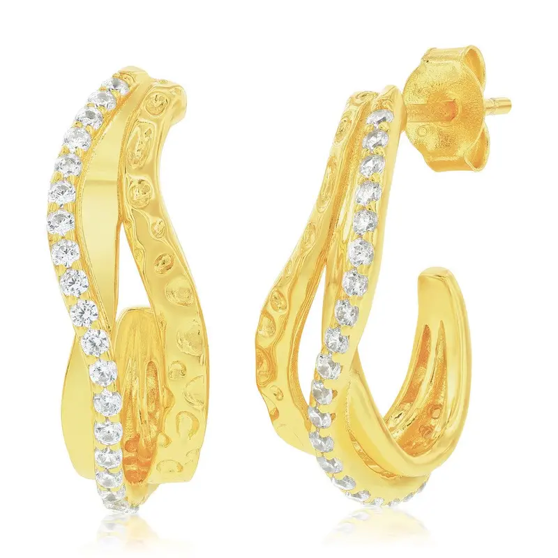 Sterling Silver, Wavy Design Half Hoop CZ Earrings - Gold Plated