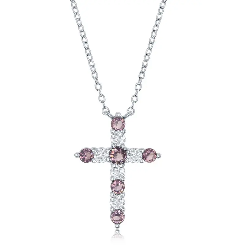 Sterling Silver Amethyst CZ 'Febraury Birthstone' Cross Necklace
