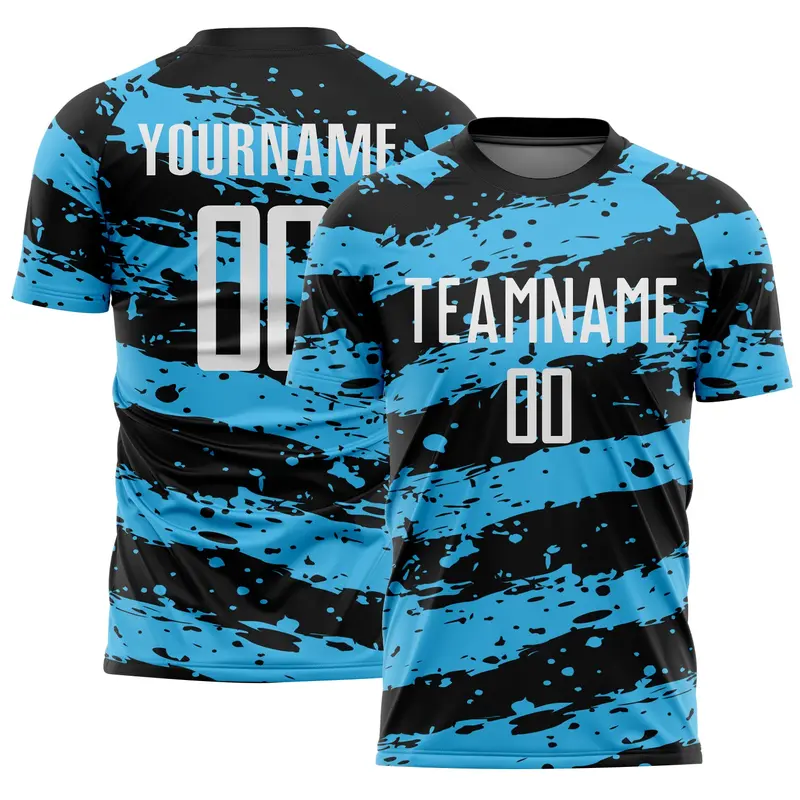 Custom Black White-Sky Blue Splash Sublimation Soccer Uniform Jersey