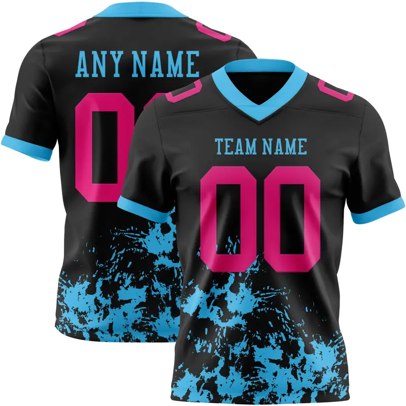 Custom Black Hot Pink-Sky Blue Splash Mesh Authentic Football Jersey