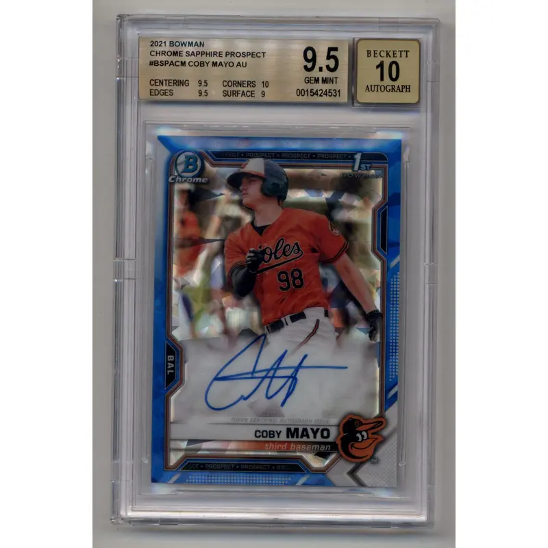 Coby Mayo 2021 Bowman Chrome Prospect Sapphire Auto BGS 9.5 Gem Mint Auto 10