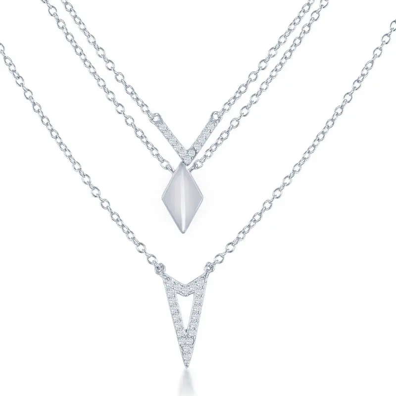 Sterling Silver Graduating Triple Chain with CZ Necklace