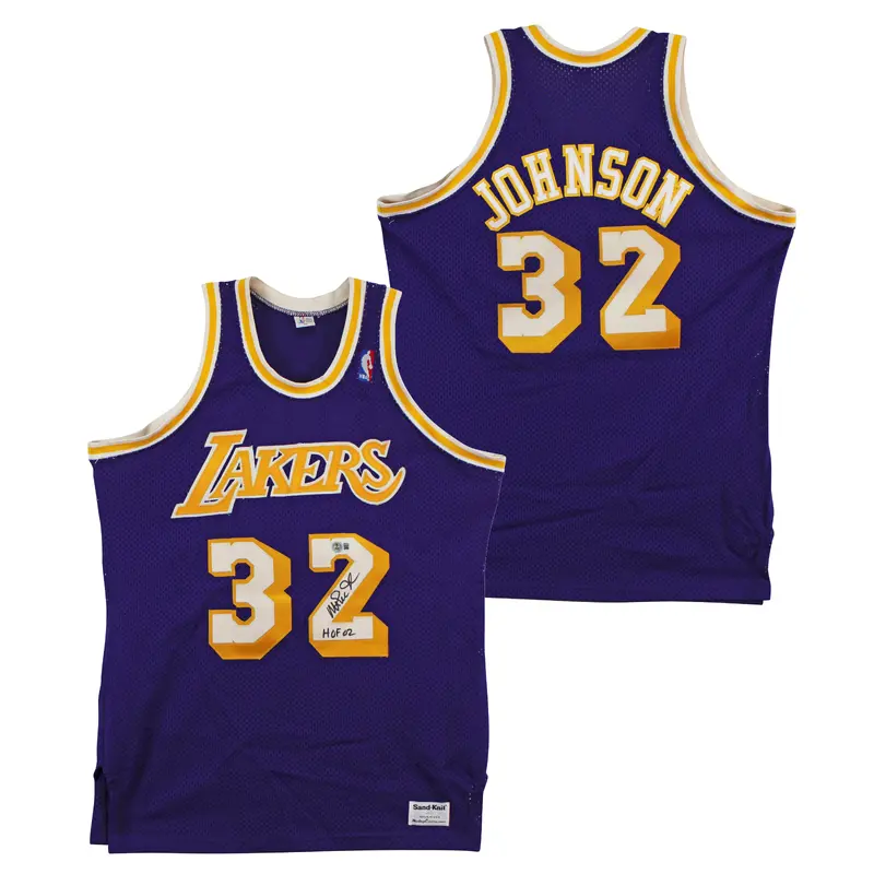 Lakers Magic Johnson "HOF 02" Signed Purple MacGregor Sand-Knit Jersey BAS Wit