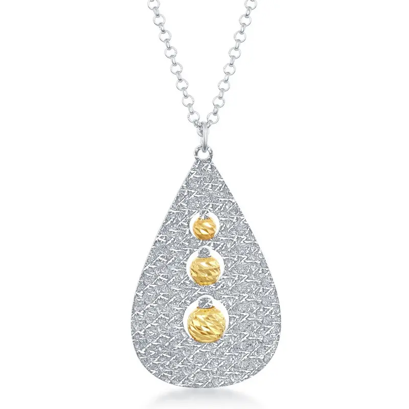 Sterling Silver Two Tone Teardrop with Diamond Cut Beads Necklace