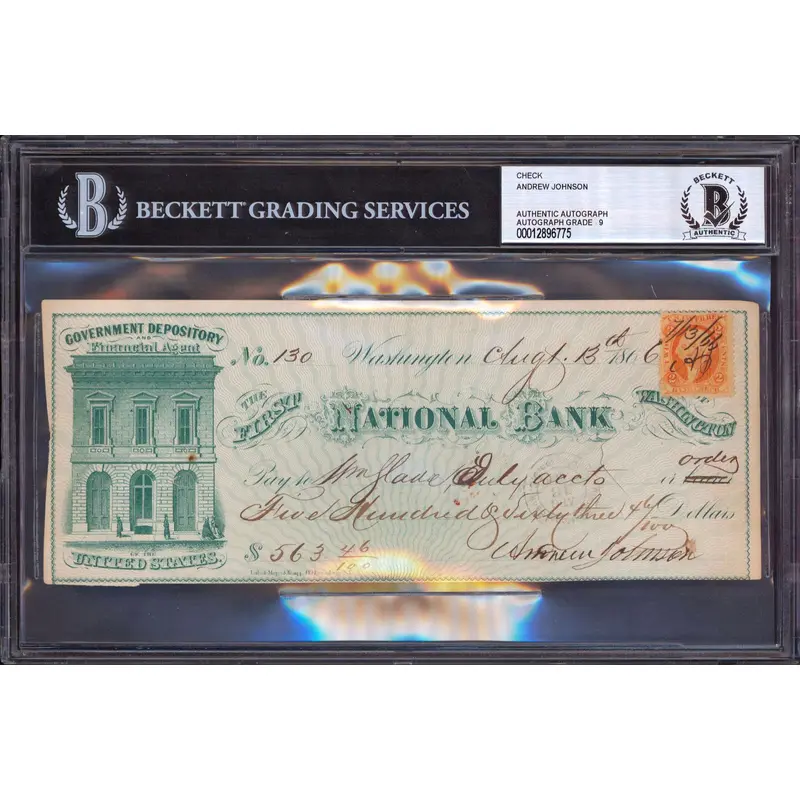 Andrew Johnson Signed 3.25x8.25 1866 Check Auto Graded Mint 9! BAS Slabbed