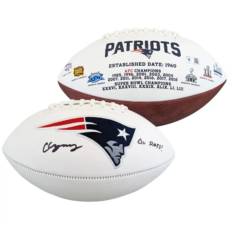 Patriots Christian Gonzalez Signed Rawlings White Panel Logo Football BAS Wit