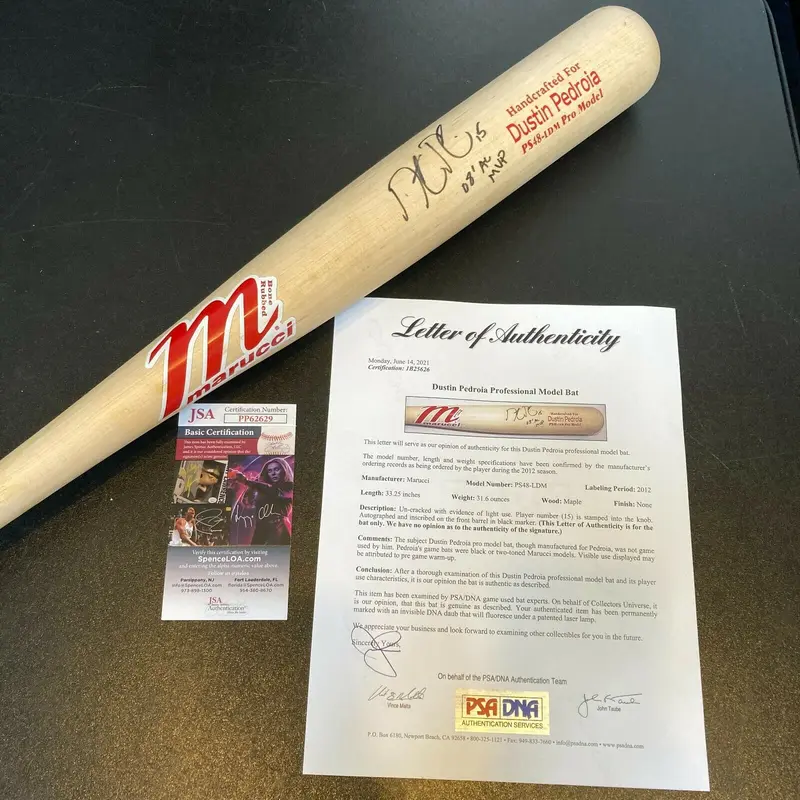 Dustin Pedroia "2008 MVP" Signed Game Used Marucci Baseball Bat PSA DNA JSA COA