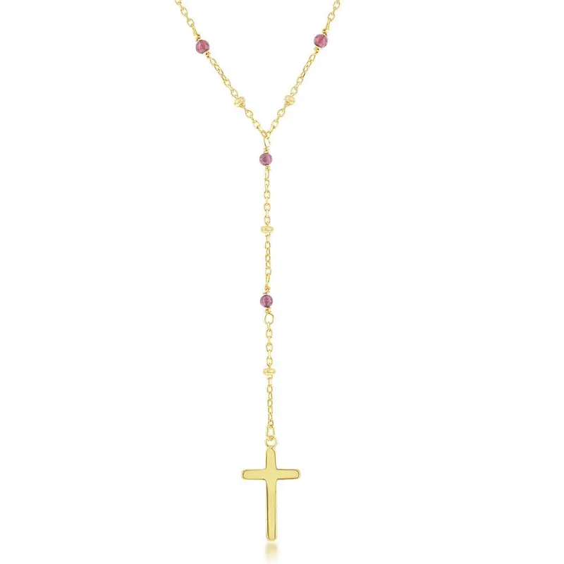 Sterling Silver Garnet & Plain Beads by the Yard Cross Rosary Necklace - Gold Plated