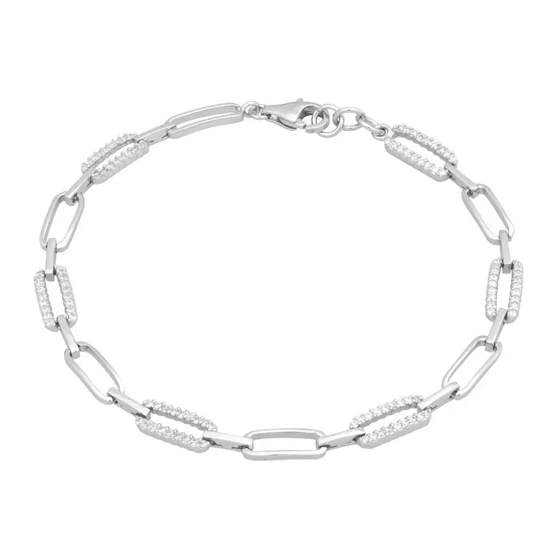 Sterling Silver Alternating CZ and Shiny Paperclip Bracelet