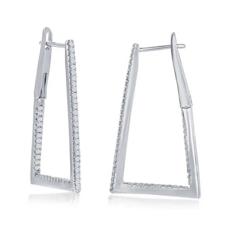 Sterling Silver Ultra-Thin 30mm Hoop CZ Earrings - Triangle