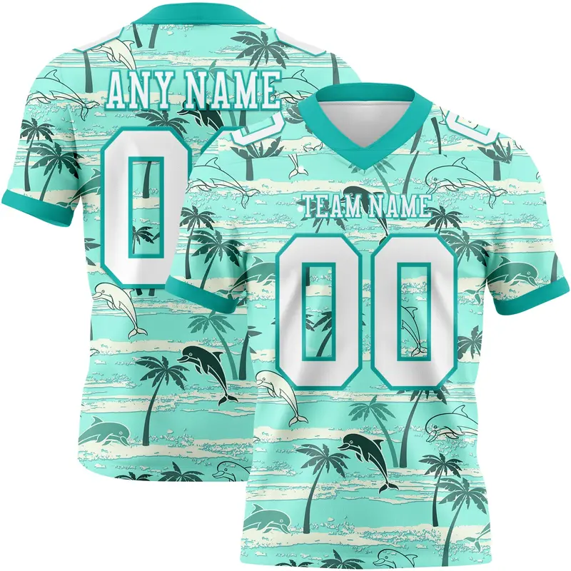 Custom Aqua White 3D Pattern Hawaii Palm Trees Mesh Authentic Football Jersey