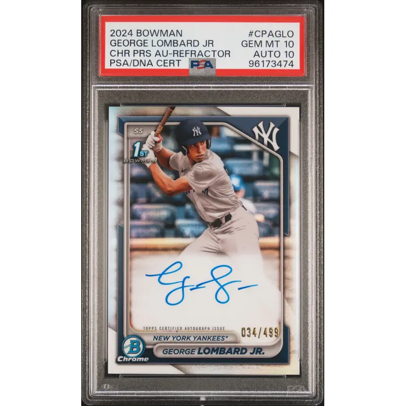 George Lombard Jr. 2024 Bowman Chrome Refractor Auto #34/499 PSA 10 Auto 10
