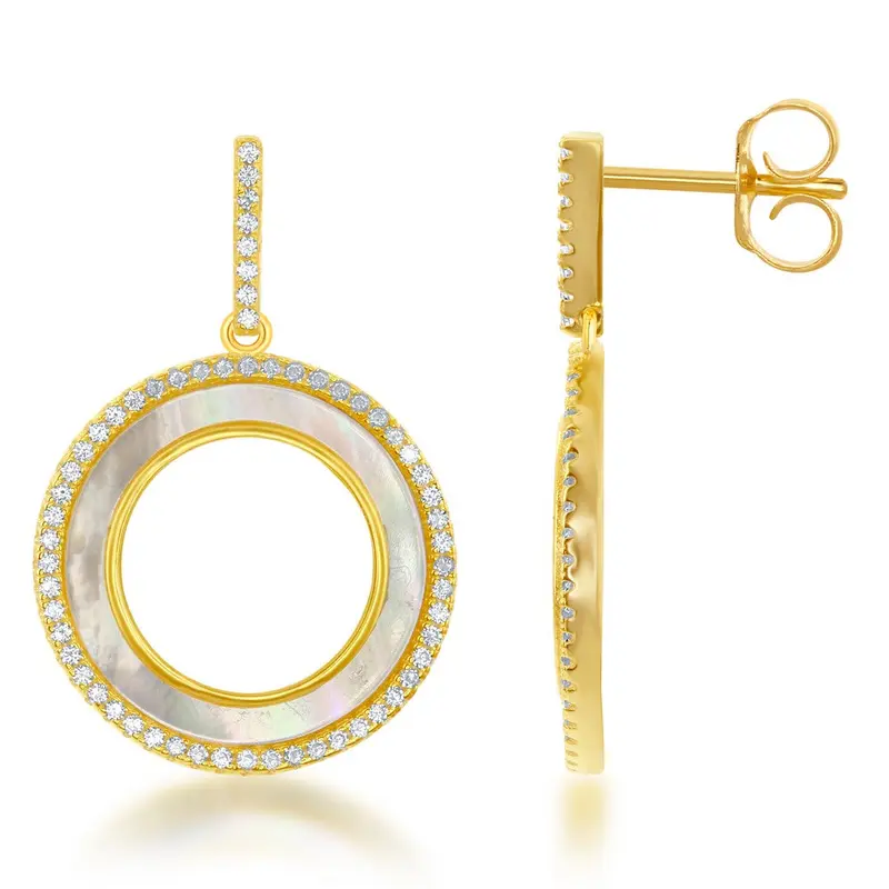 Sterling Silver GP Round Open MOP CZ Circle Earrings