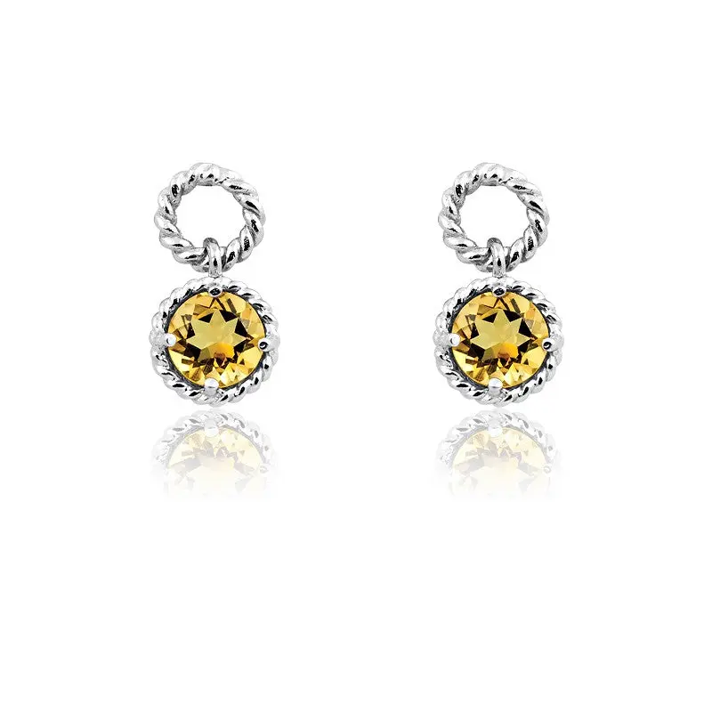Sterling Silver Round Gem Twisted Wire Earrings - Citrine