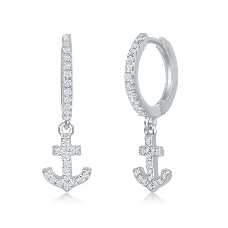 Sterling Silver Small Huggie Hoop CZ Anchor Earrings