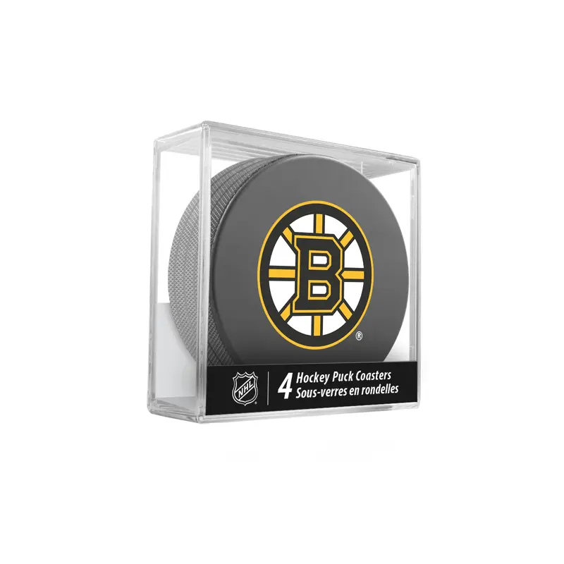 NHL Boston Bruins Hockey Puck Drink Coasters (4-Pack) In Cube