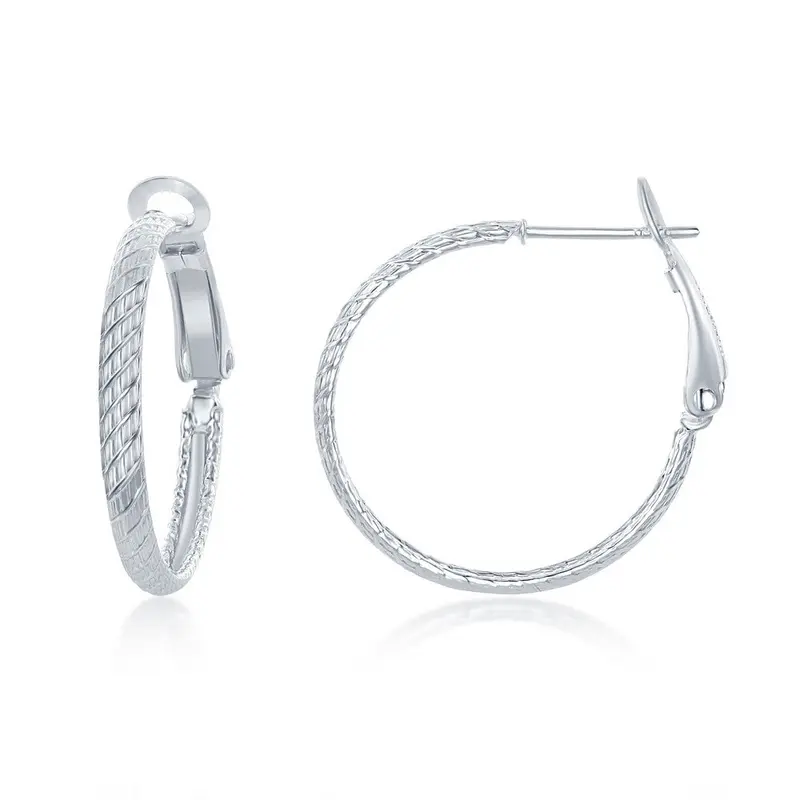 Sterling Silver 25mm Grid-Like Design Hoop Earrings