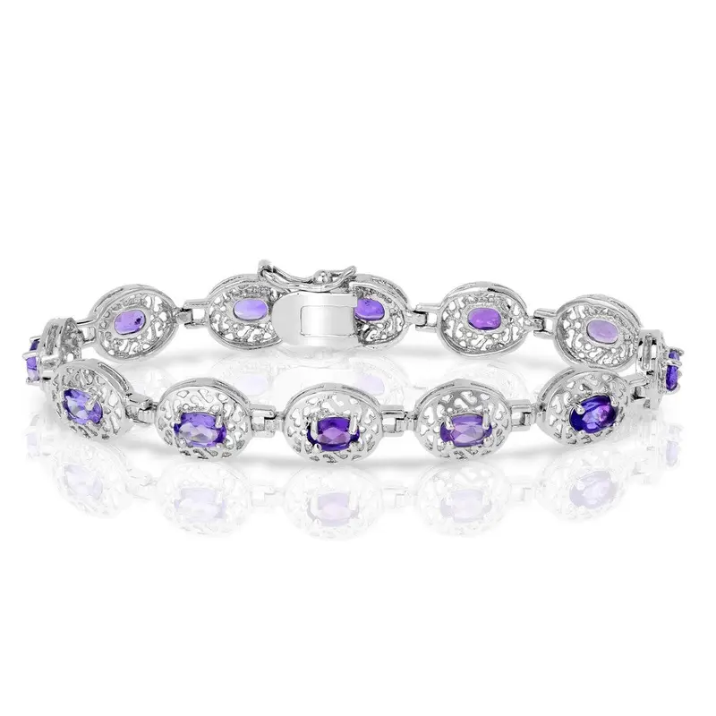 Sterling Silver Designed Oval Gem Bracelet - Amethyst