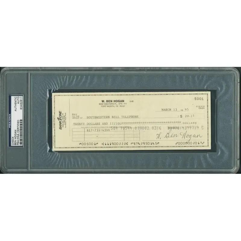 Ben Hogan Golf Authentic Signed 3X8.25 March 13, 1995 Check PSA/DNA Slabbed