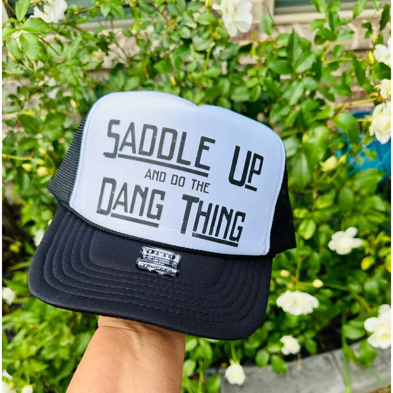 Saddle Up DTF Printed Black & White Trucker Hat