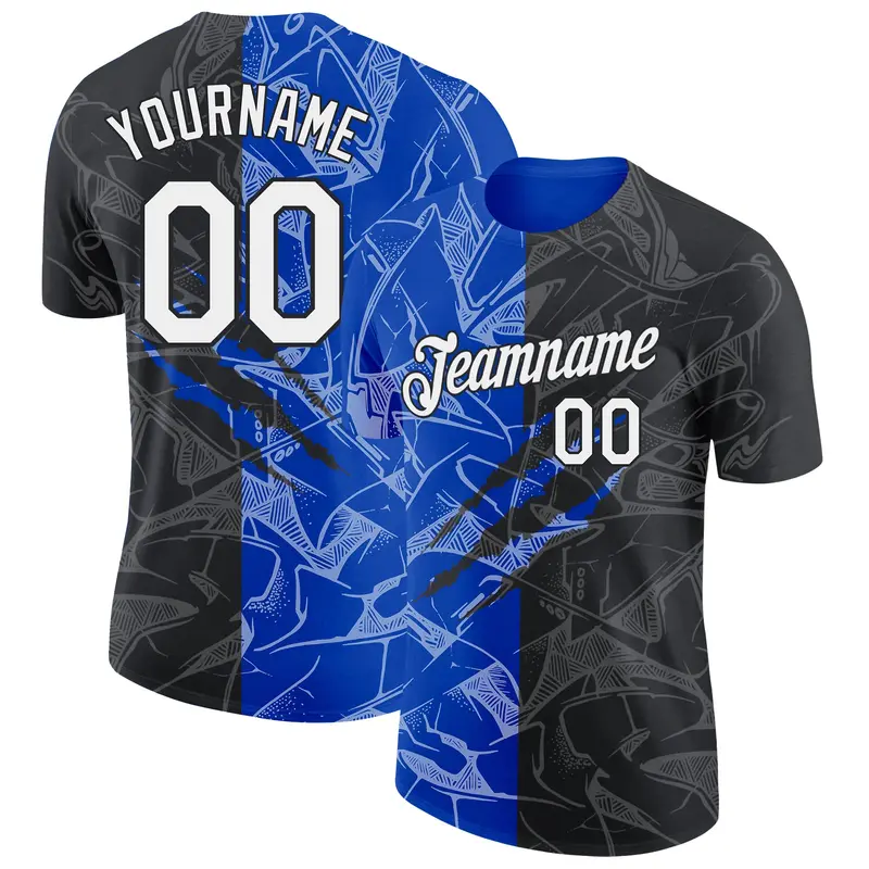 Custom Graffiti Pattern White Black-Thunder Blue Scratch 3D Performance T-Shirt