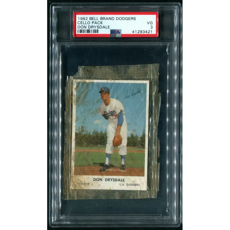 1962 Bell Brand Dodgers Baseball Unopened Cello Pack Don Drysdale PSA 3