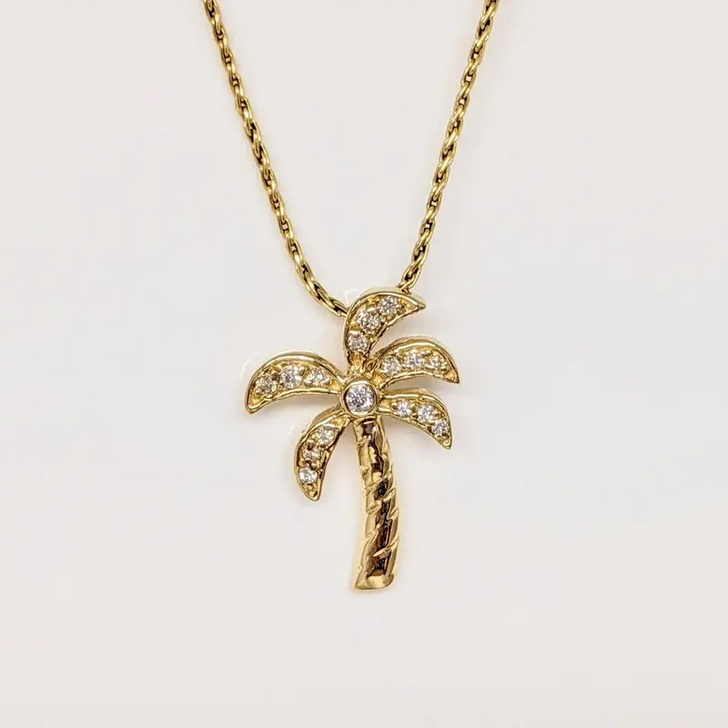 14K DIAMOND ROUND (16) ESTATE PALM TREE PENDANT & CHAIN 2.8 GRAMS