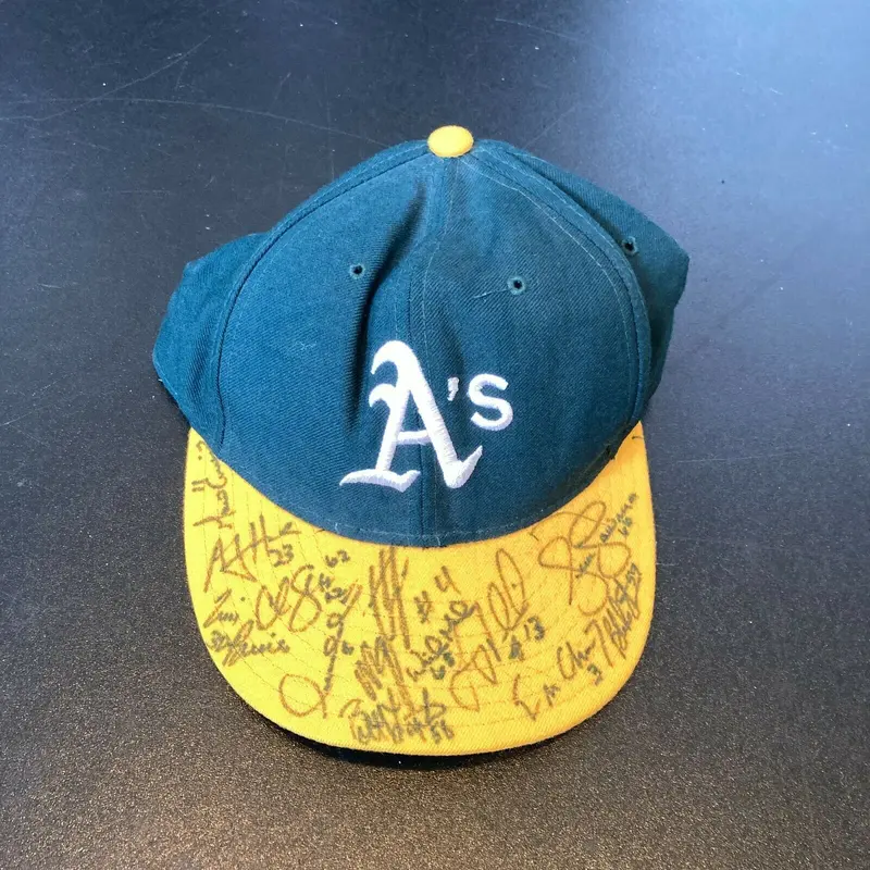 1999 Oakland A's Team Signed Game Model Baseball Hat Tim Raines Eric Chavez