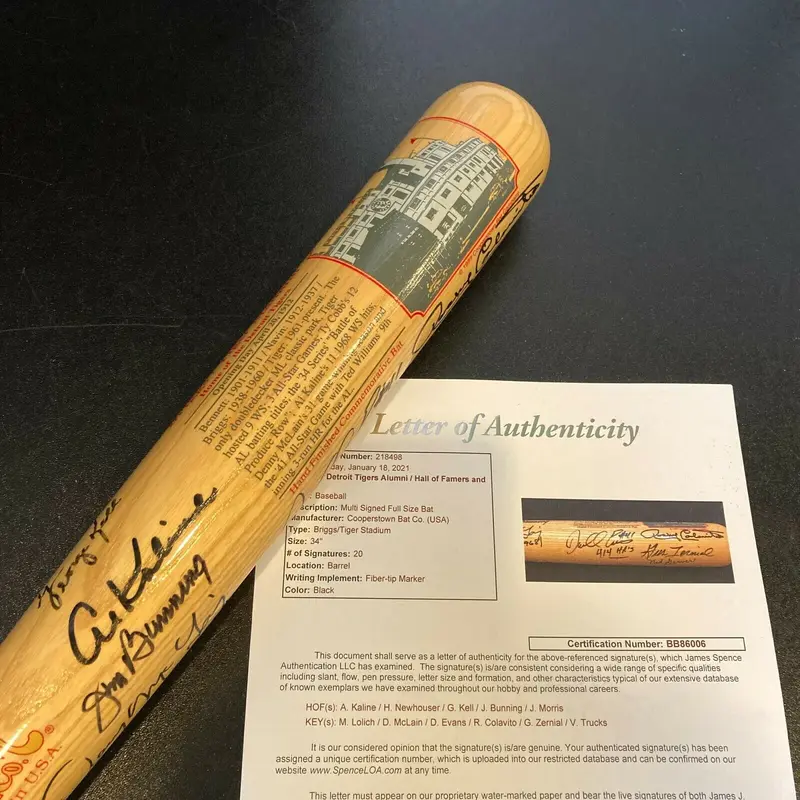 Detroit Tigers HOF Legends Signed Bat 20 Sigs Kaline Bunning Newhouser JSA COA