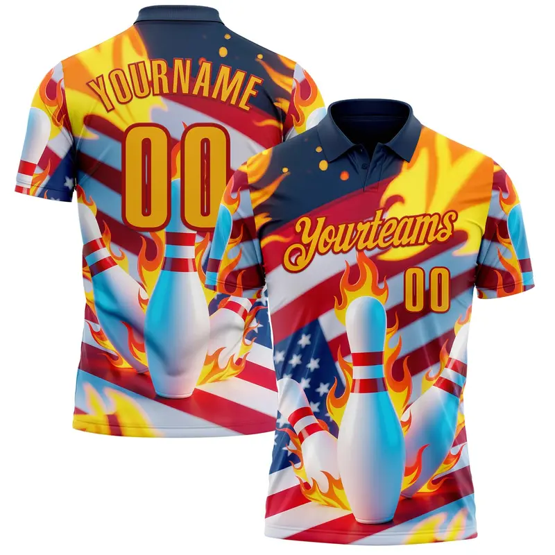 Custom Navy Gold-Red 3D American Flag Flame Bowling Performance Polo Shirt