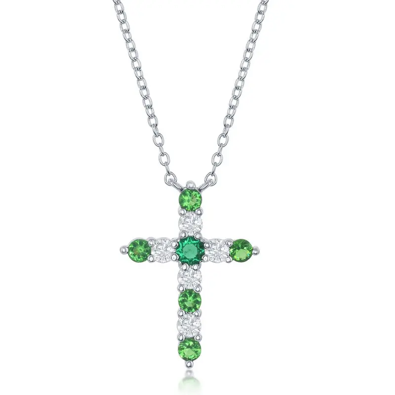 Sterling Silver Emerald CZ 'May Birthstone' Cross Necklace