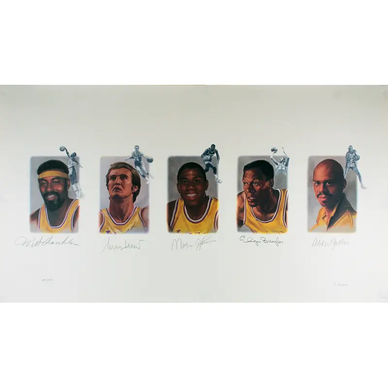 Lakers Legends (5) Chamberlain, Jabbar, Johnson Signed 22x39 Lithograph BAS