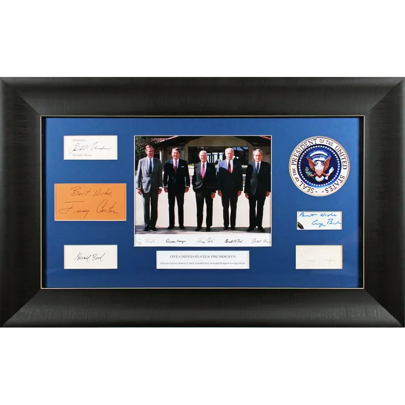 (5) Reagan, Nixon, Carter, Bush & Ford Signed Framed Preidential Display JSA
