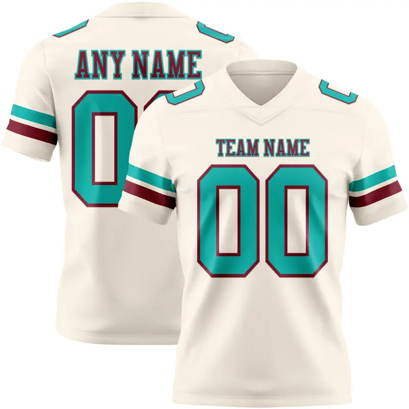 Custom Cream Aqua-Crimson Mesh Authentic Football Jersey