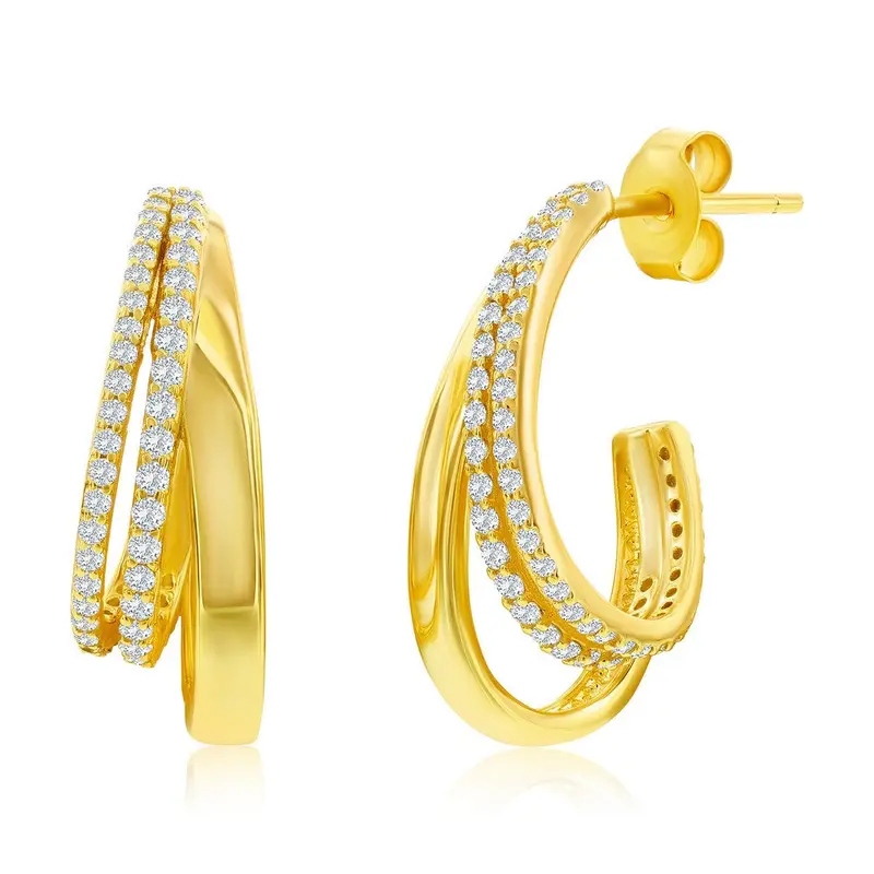 Sterling Silver, Triple Row CZ & Polished Half Hoop Earrings - Gold Plated
